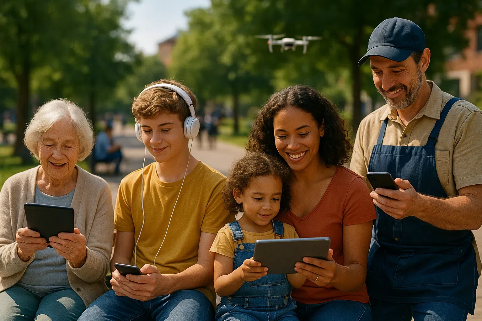 Image de couverture : une famille multigénérationnelle utilisant des appareils numériques dans un parc ensoleillé