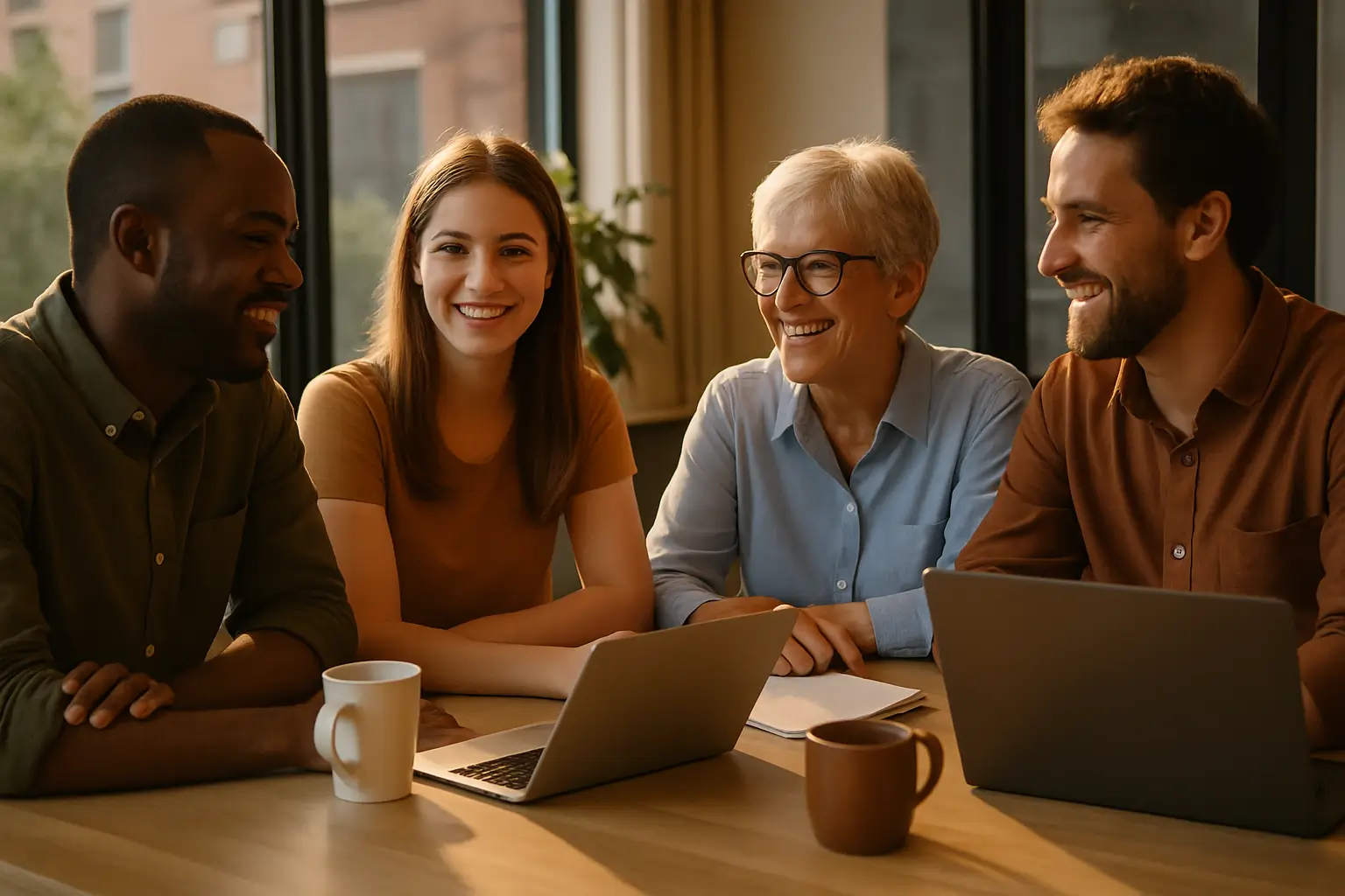 Groupe de personnes souriantes illustrant le partage de l'IA